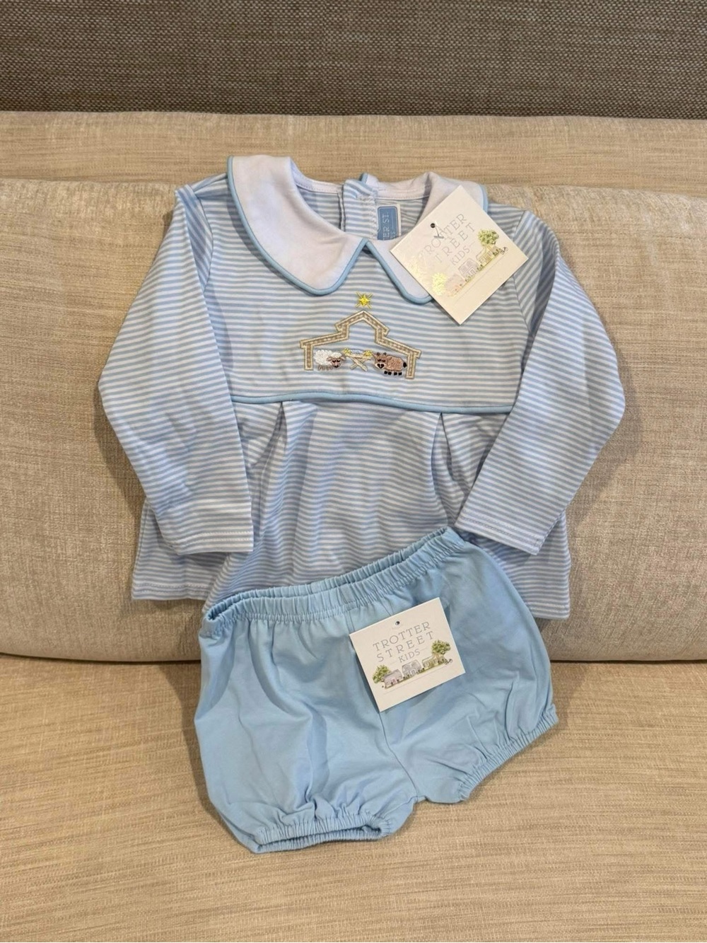 Trotter Street Light Blue Striped Nativity Two-Piece Set for Christmas